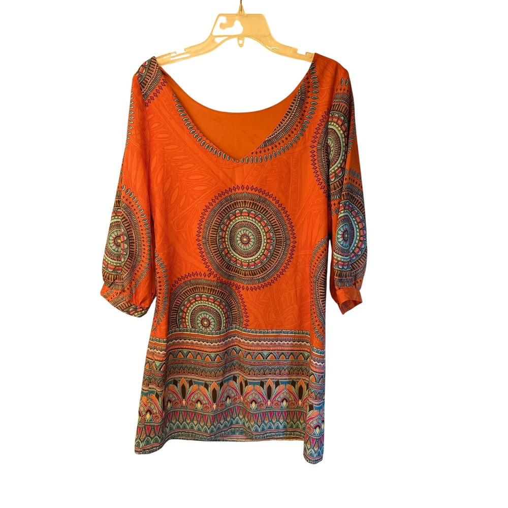 Pink Owl Orange Boho Medallion Print 3/4 Sleeve Mini Shift Dress Womens Medium - Picture 2 of 10